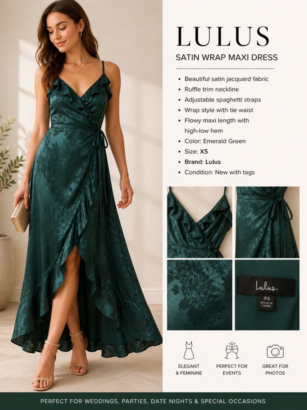 Lulu's Emerald Green Satin Jacquard Wrap Maxi Dress